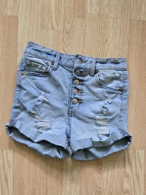 Aeropostale Light Blue Distressed Button-Front Denim Shorts